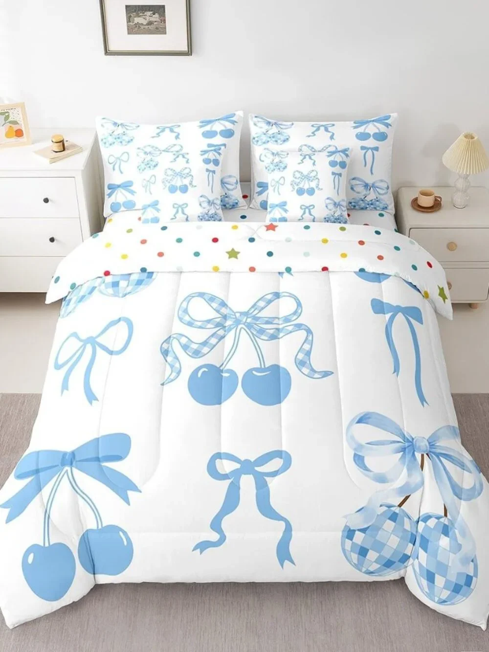 Kawaii Blue Bow Kids Comforter Set With Sheets For Boys Girls Twin Size,Cute Bow